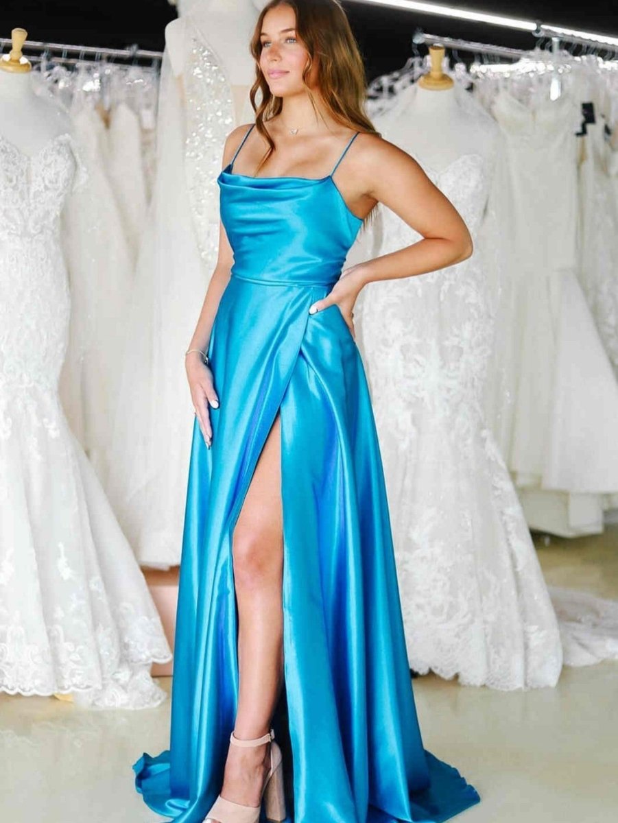Araya |A Line Cowl Neck Satin Prom Dress With Slit - KissProm