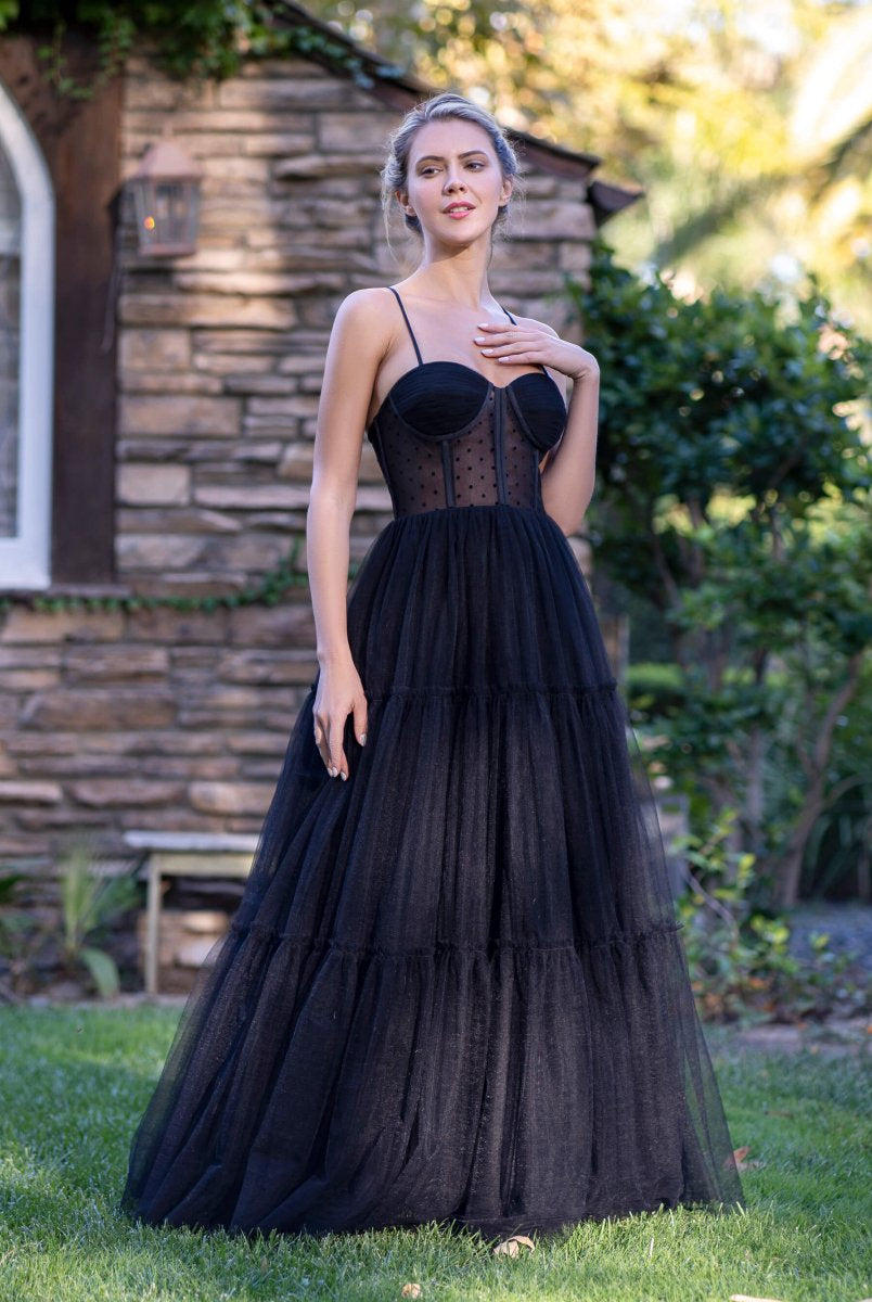Corset Dotted Tulle Spaghetti Straps Floor Length Prom Dress