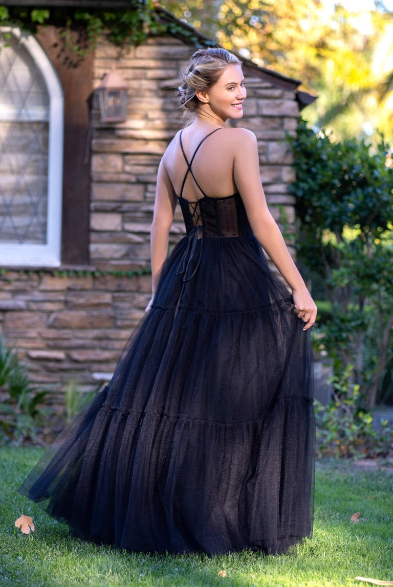 Corset Dotted Tulle Spaghetti Straps Floor Length Prom Dress