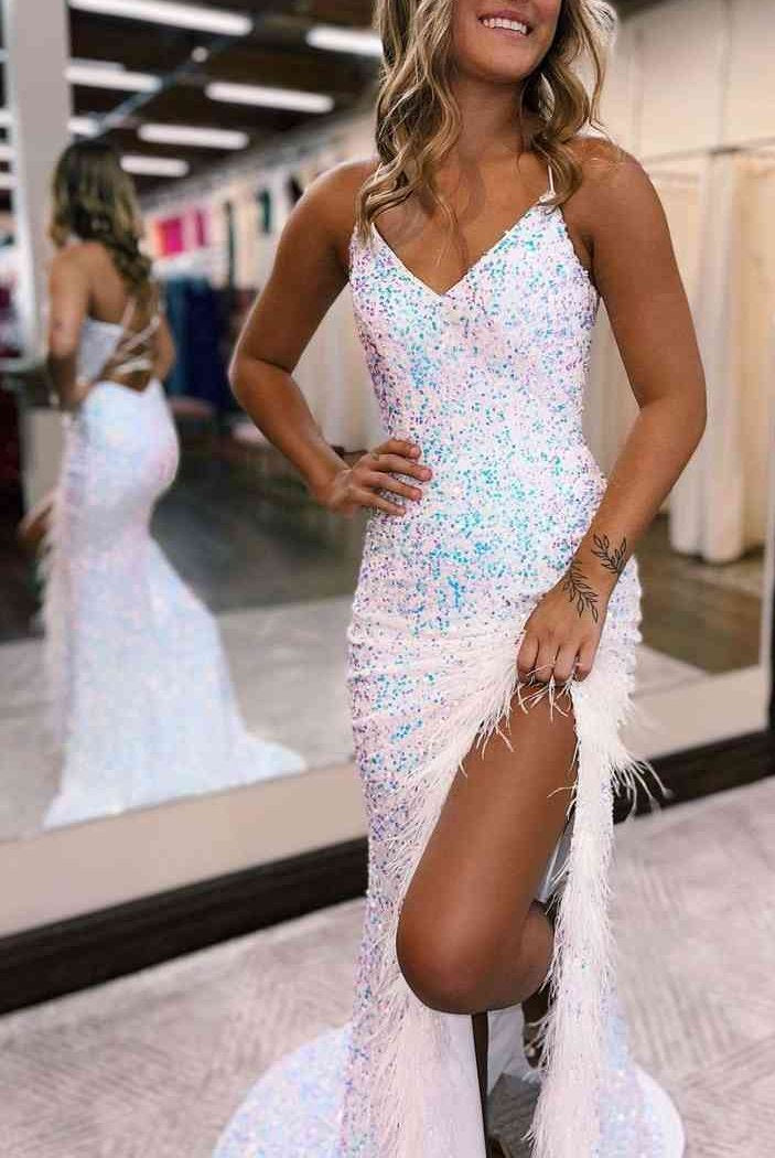 Kadrina |Mermaid V Neck Sequins Long Prom Dress with Slit