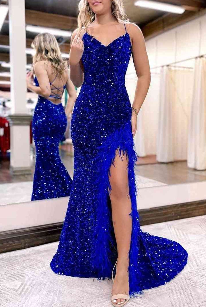 Kadrina |Mermaid V Neck Sequins Long Prom Dress with Slit