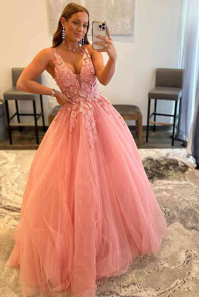 Marigold |A-Line V-Neck Long Tulle Prom Dress with Appliques
