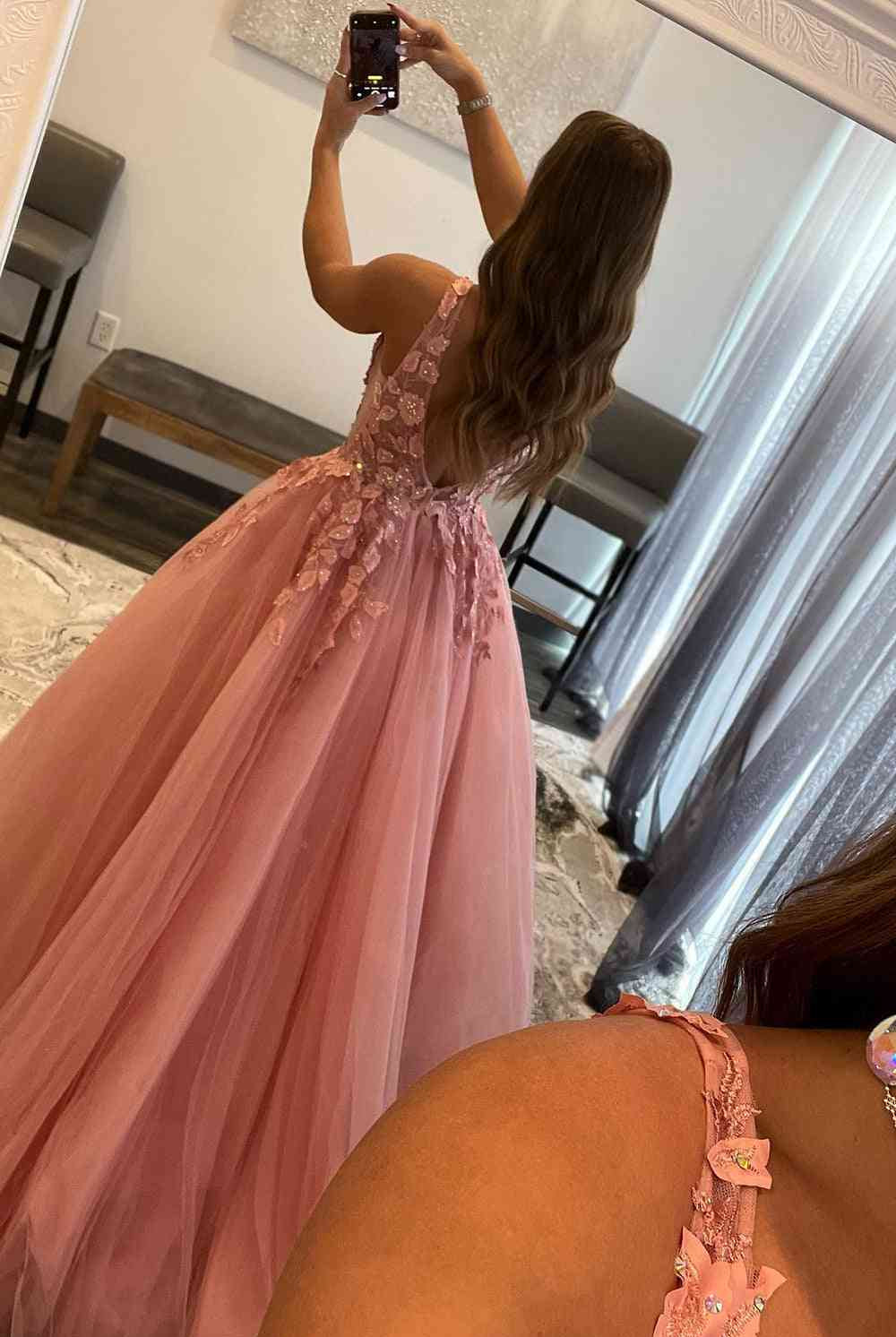 Marigold |A-Line V-Neck Long Tulle Prom Dress with Appliques
