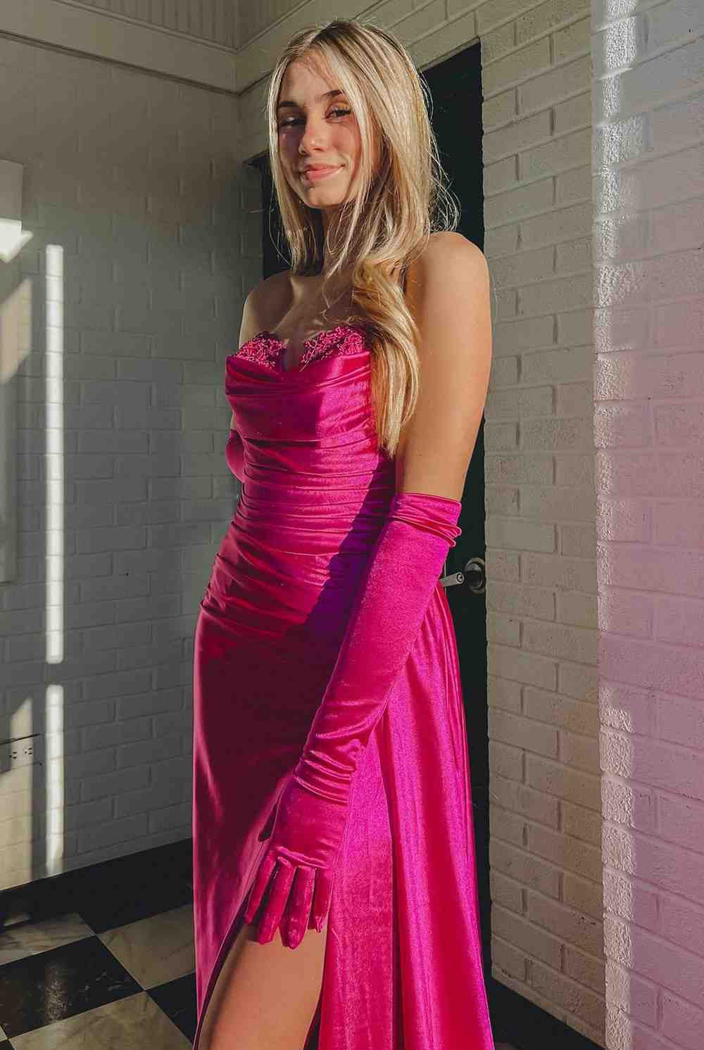 Fuchsia Strapless Mermaid Satin Pleated Long Prom Dress - KissProm