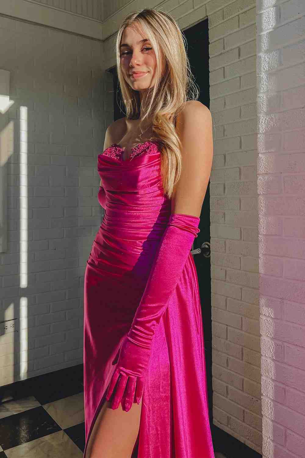 Fuchsia Strapless Mermaid Satin Pleated Long Prom Dress - KissProm