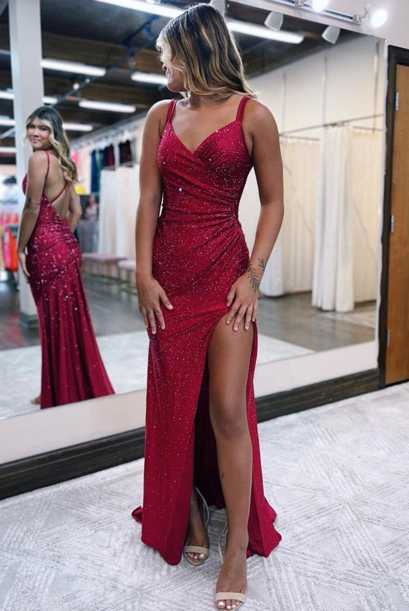 KissProm-Kaylani Burgundy Mermaid V Neck Glitter Jersey Long Prom Dress With Slit