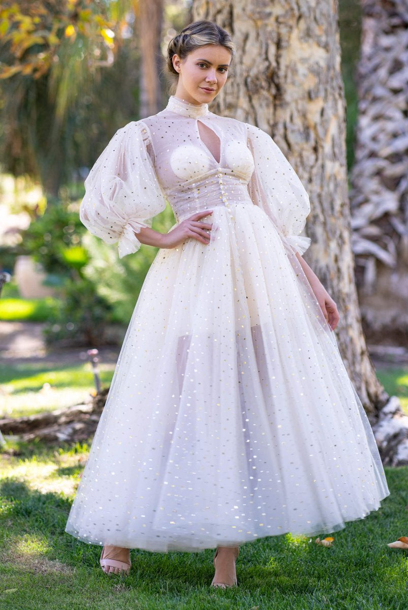 Stand Collar with Ruffle Cuffs front Slit Prom Dress - KissProm