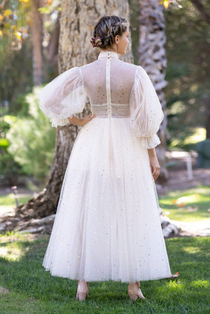 Stand Collar with Ruffle Cuffs front Slit Prom Dress - KissProm