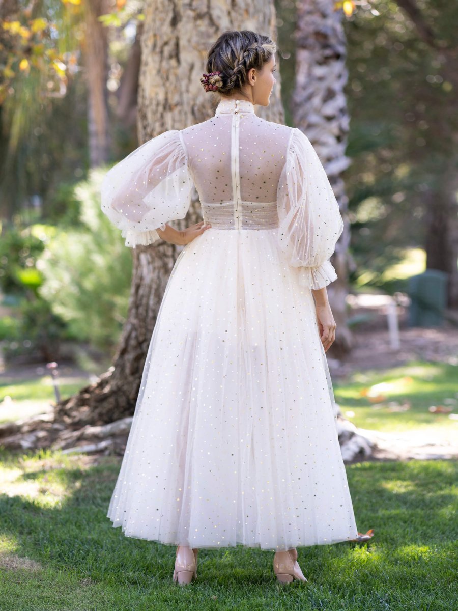 Stand Collar with Ruffle Cuffs front Slit Prom Dress - KissProm