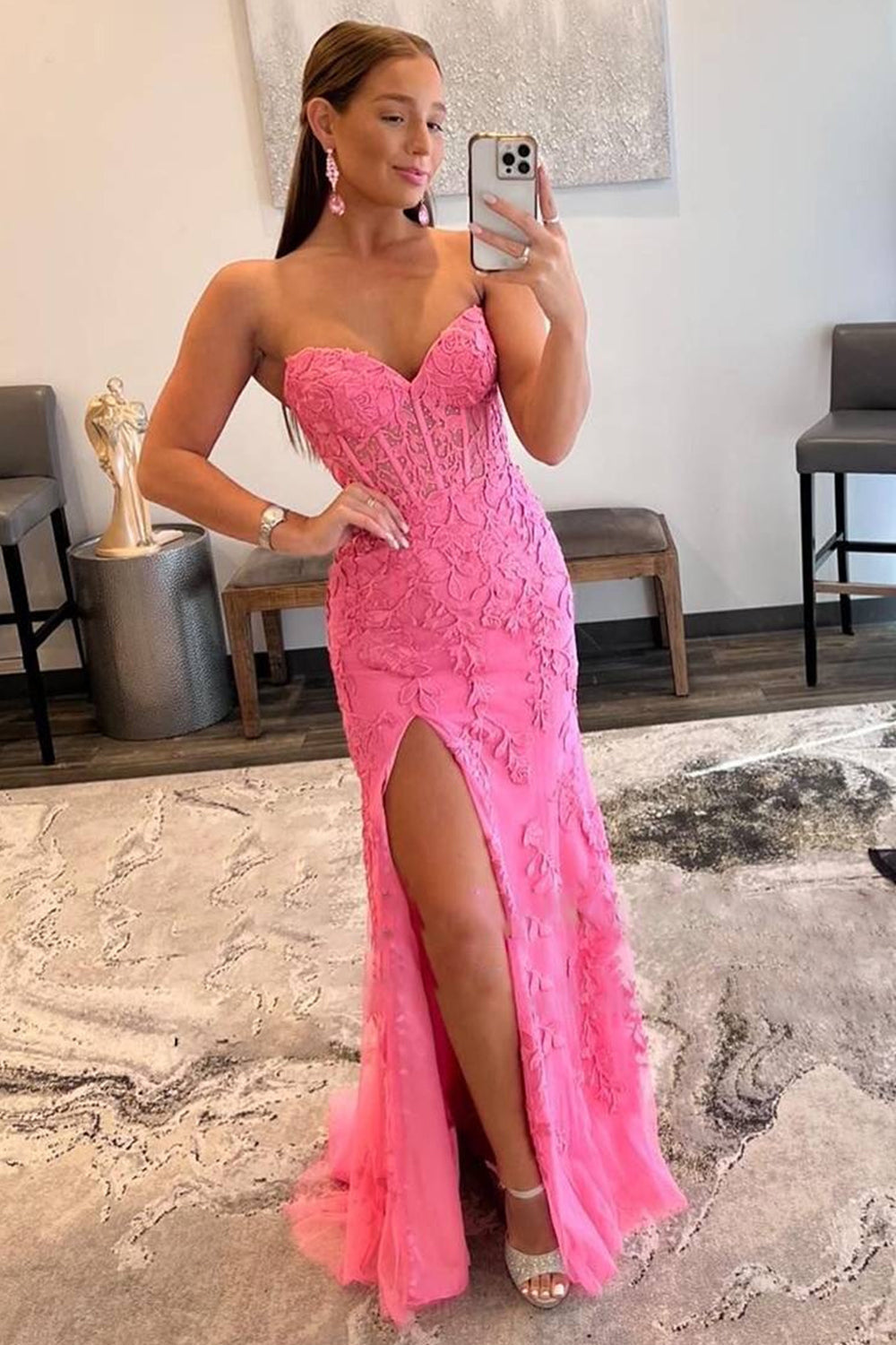 Nyomi Hot Pink Mermaid Strapless Corset Lace Prom Dress with Slit