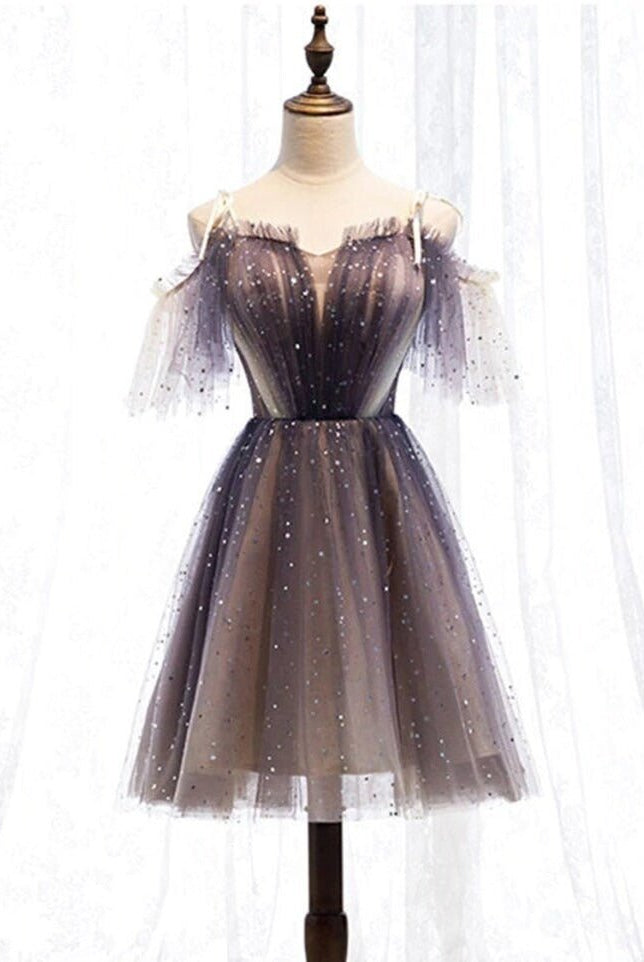 Sweetheart V-neck Starlit Cloud Tulle Mini Length Homecoming Dress