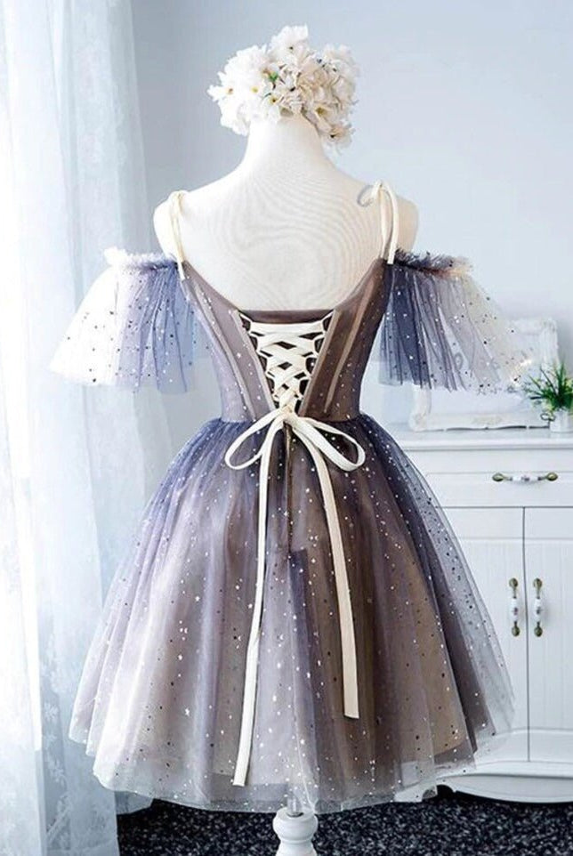 Sweetheart V-neck Starlit Cloud Tulle Mini Length Homecoming Dress