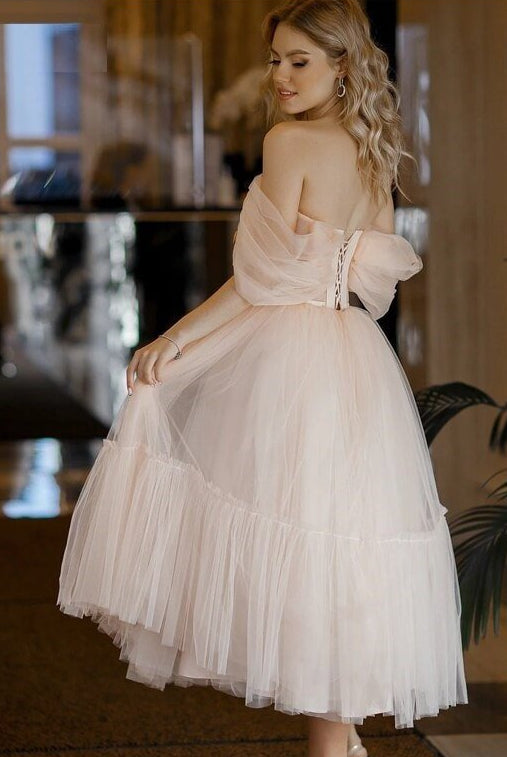 Regina |A Line Pink Tulle Tea Length Prom Dress