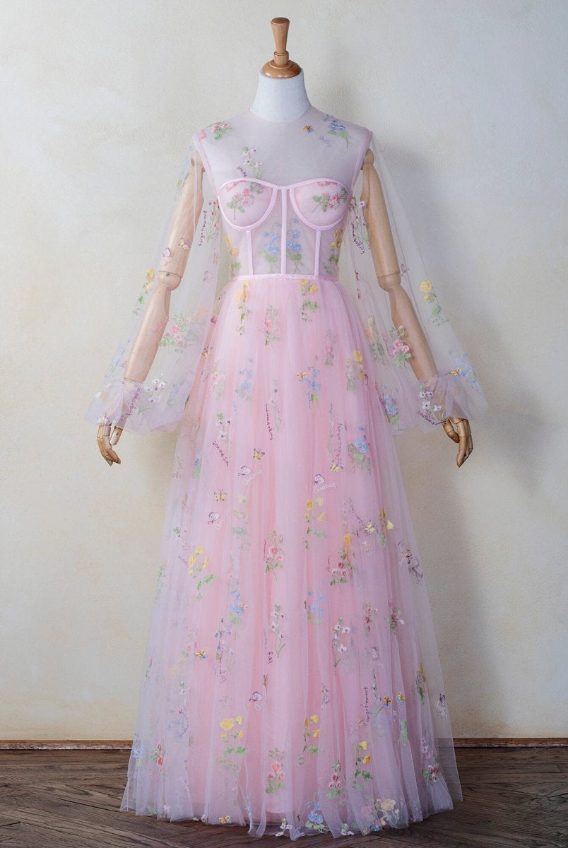 Illusion Neck Floor Length Tulle Pink Prom Dress - KissProm