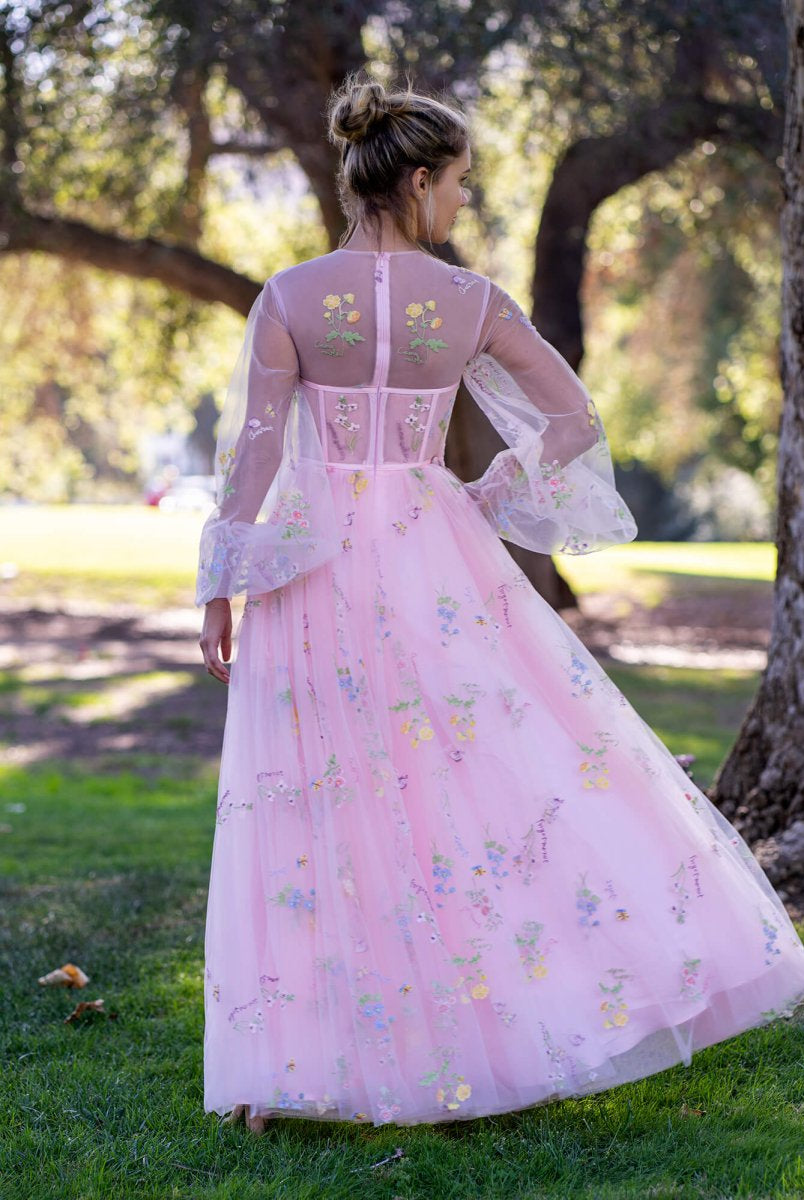 Illusion Neck Floor Length Tulle Pink Prom Dress - KissProm