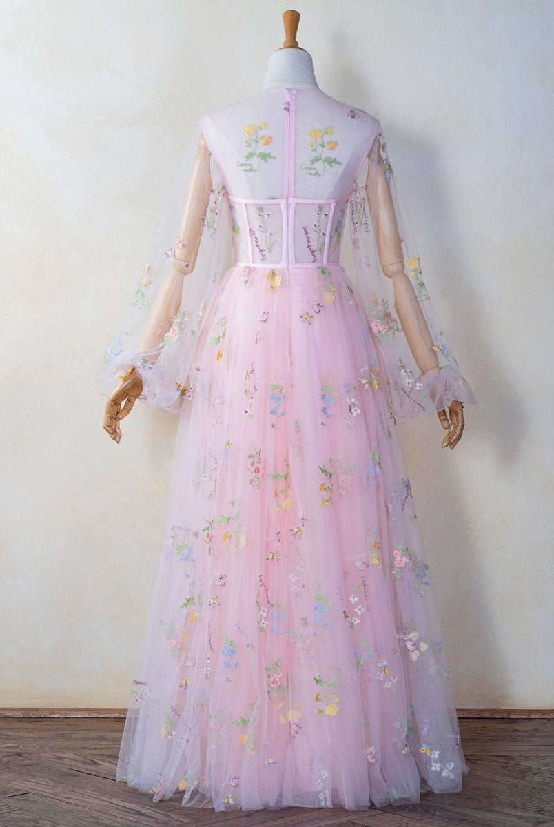 Illusion Neck Floor Length Tulle Pink Prom Dress - KissProm