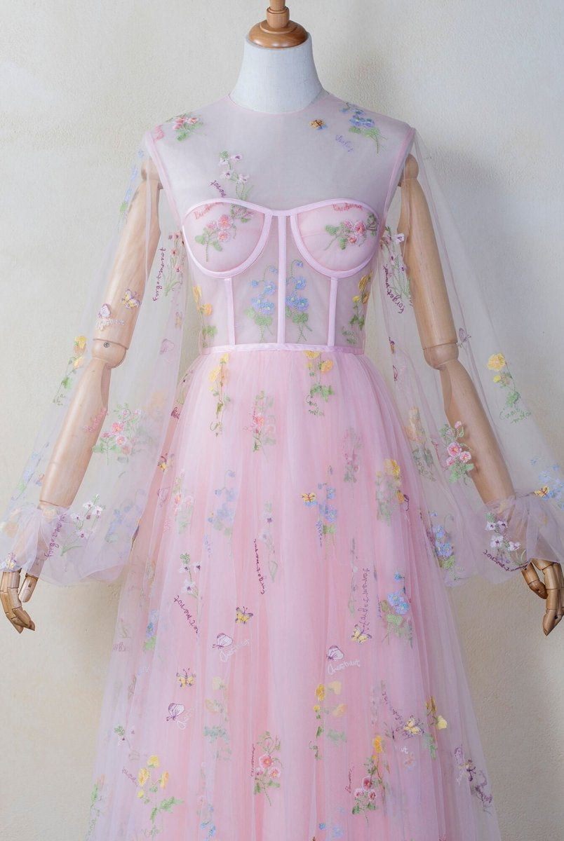 Illusion Neck Floor Length Tulle Pink Prom Dress - KissProm