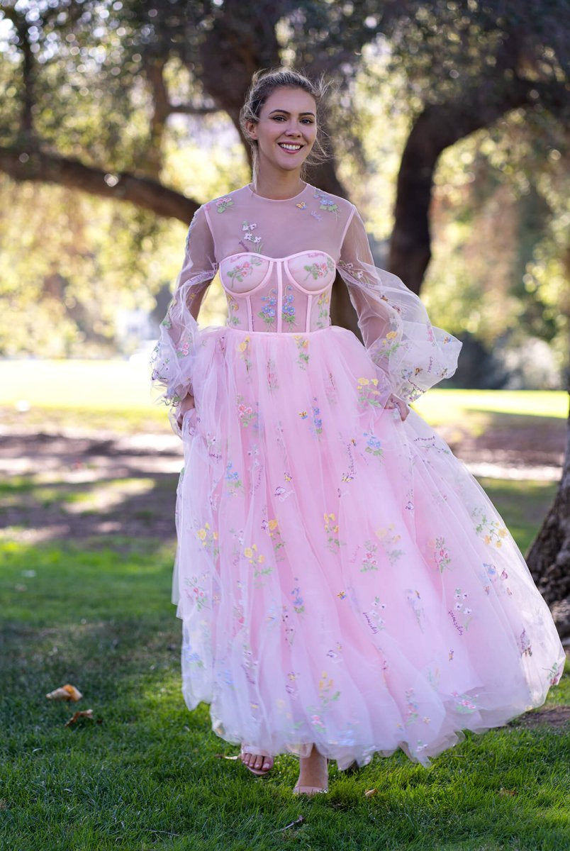 Illusion Neck Floor Length Tulle Pink Prom Dress - KissProm