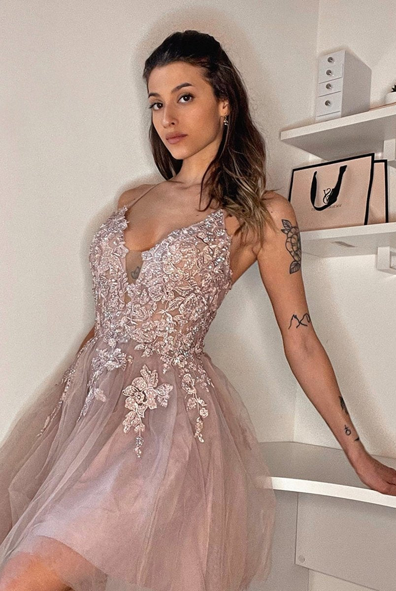 Anya | A Line Applique BlushTulle Short Homecoming Dress
