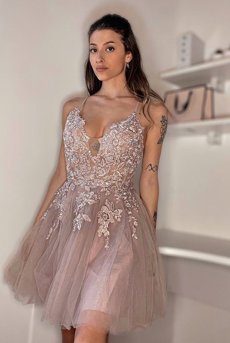 Anya | A Line Applique BlushTulle Short Homecoming Dress