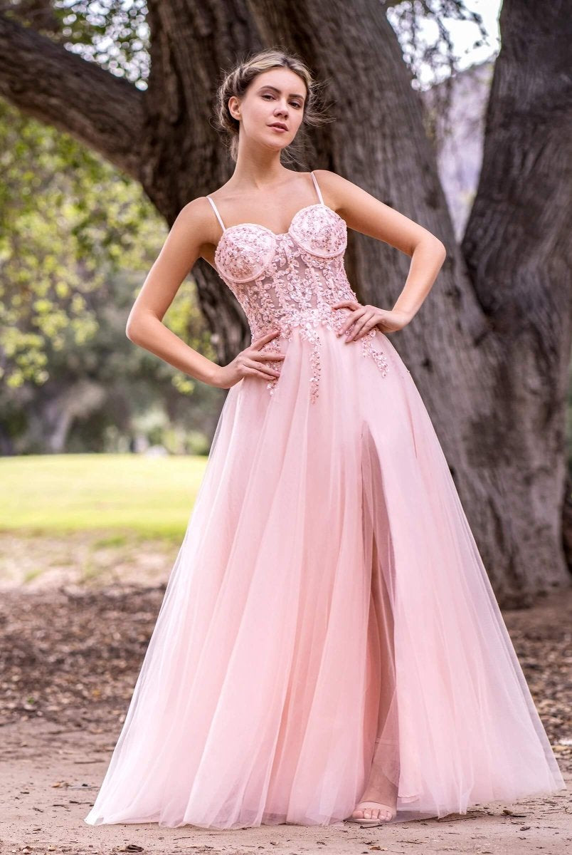 A line Spaghetti Straps Lace Floor Length Tulle Prom Dress with Slit