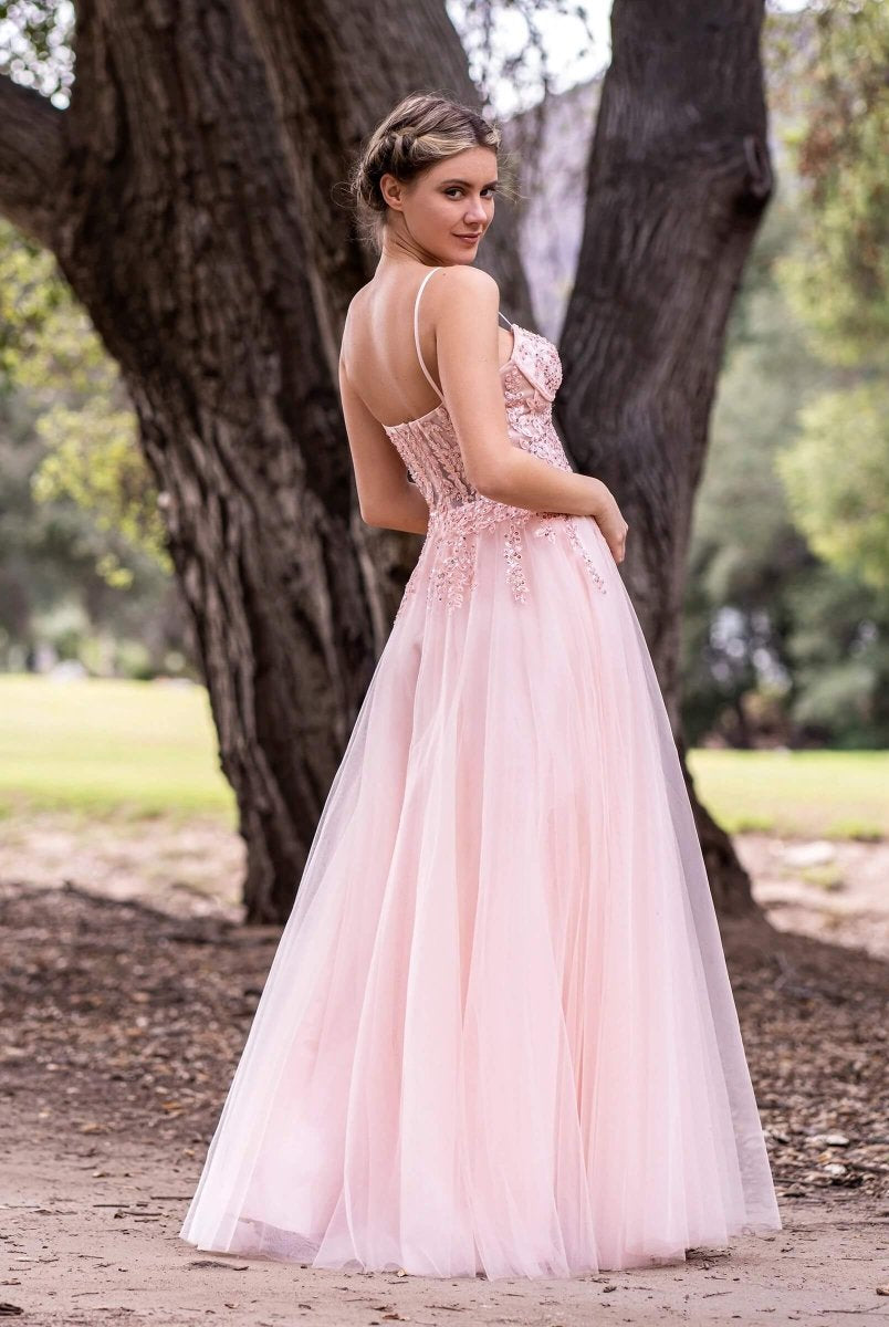A line Spaghetti Straps Lace Floor Length Tulle Prom Dress with Slit