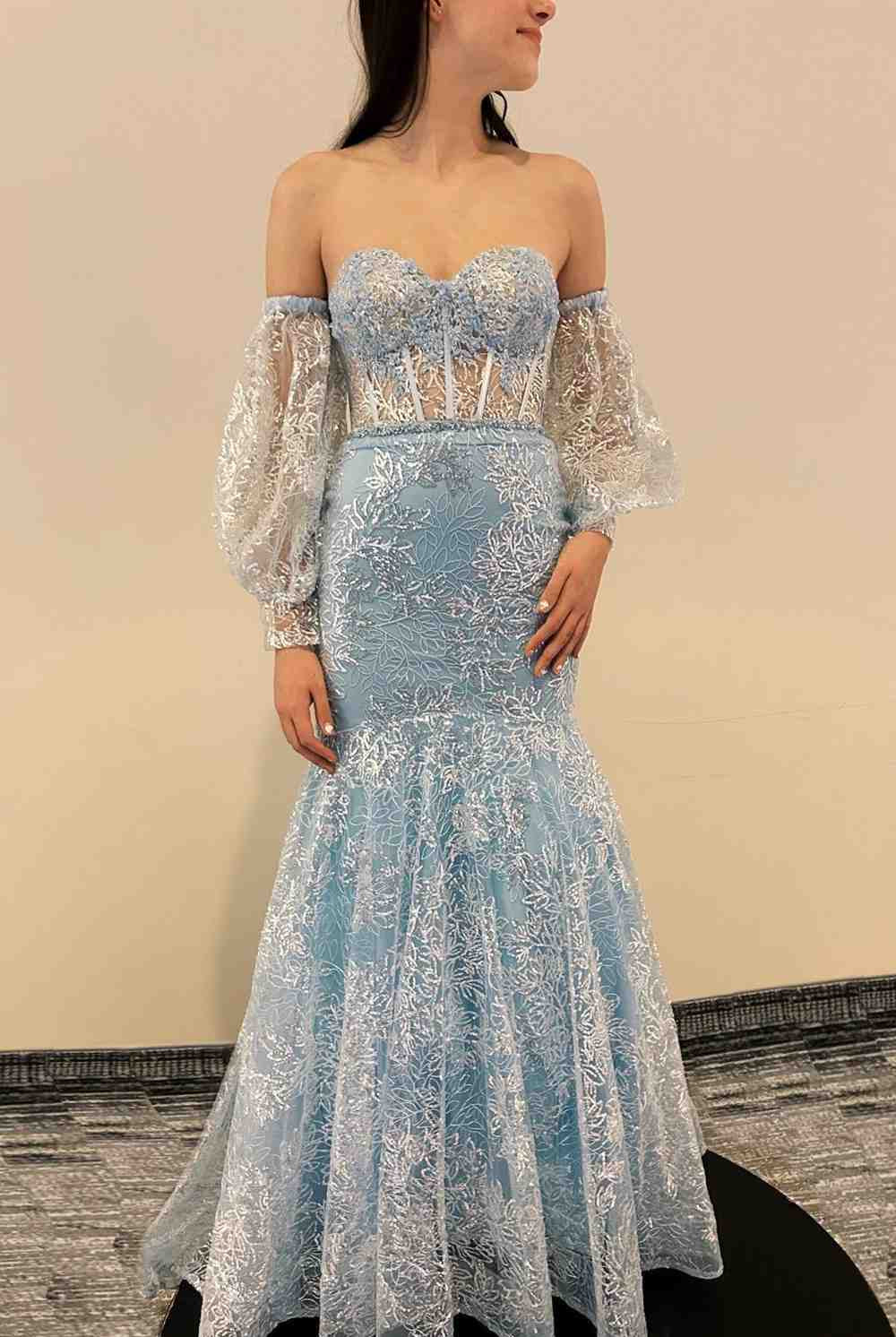 Peach Sweetheart Sheer Lace Corset Mermaid Prom Dress - KissProm