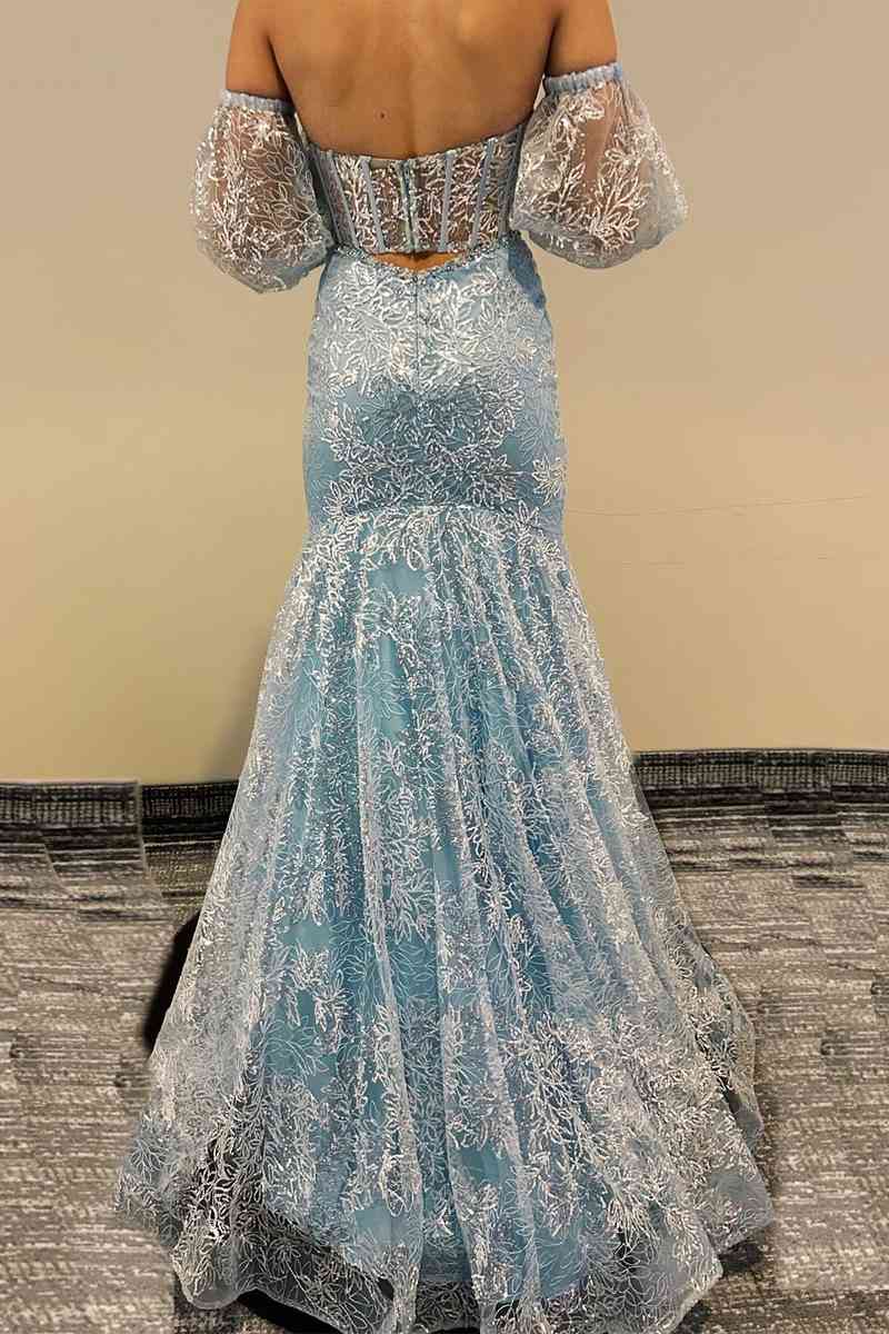 Peach Sweetheart Sheer Lace Corset Mermaid Prom Dress - KissProm