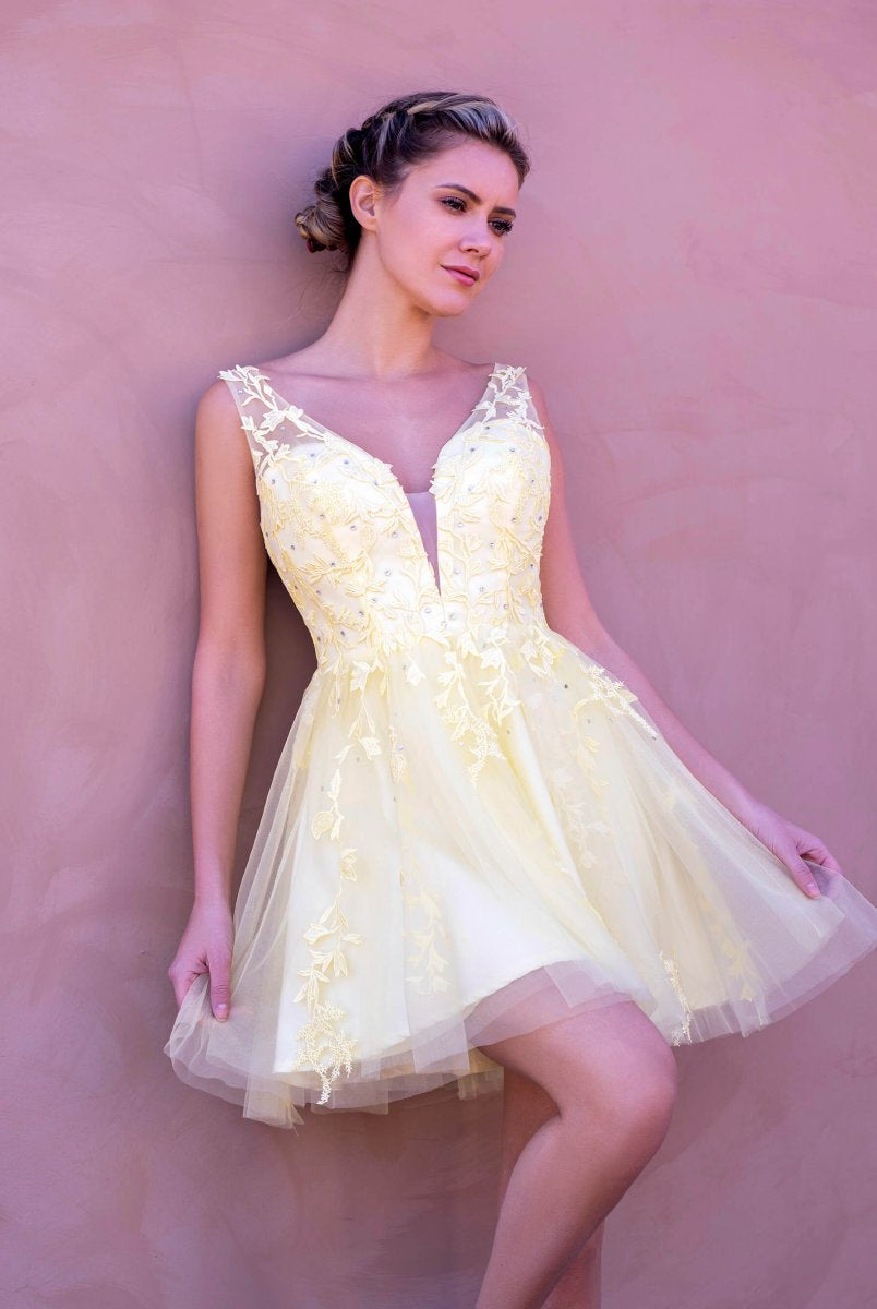 Low V Back Applique Tulle Mini Length Homecoming Dress