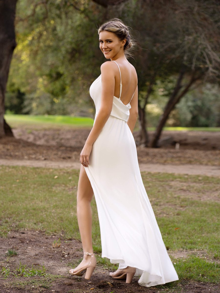 Ivory Spaghetti Straps Slip Bridesmaid Dress with Open Back and Slit - KissProm