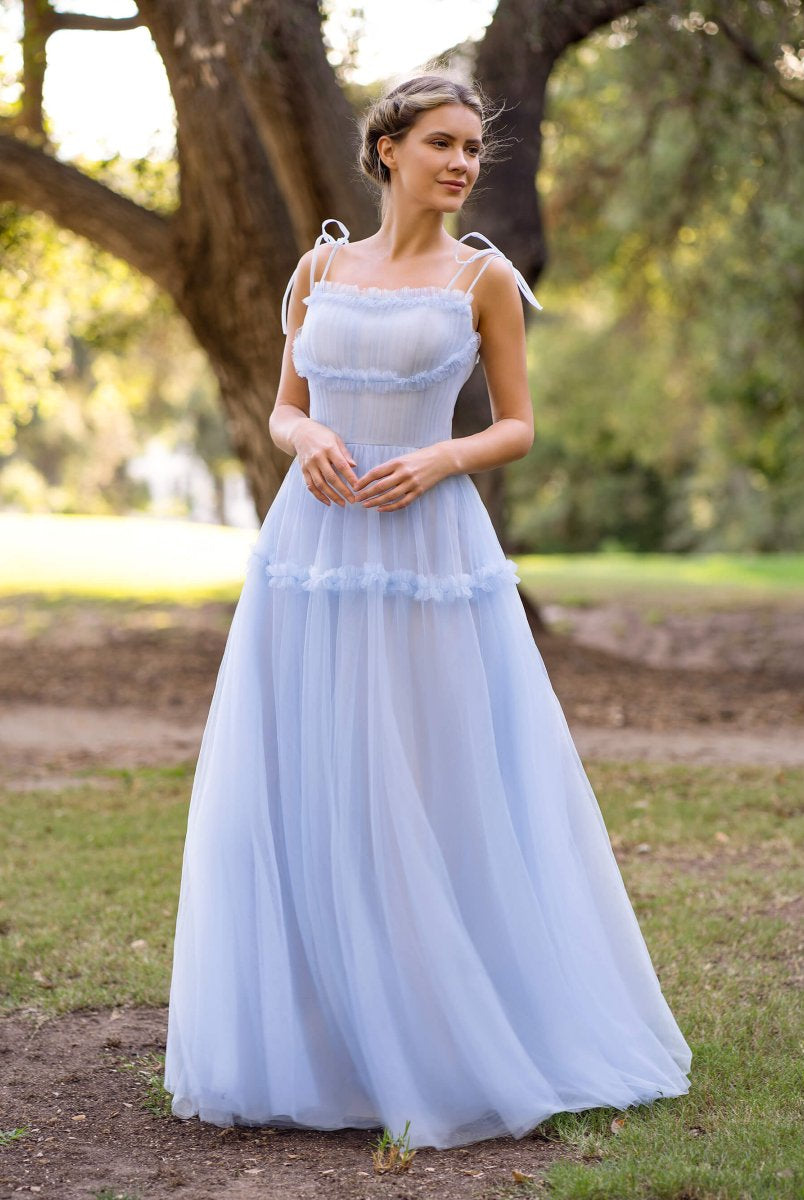 A-line Ocean Wave Tie-straps tulle long prom dress