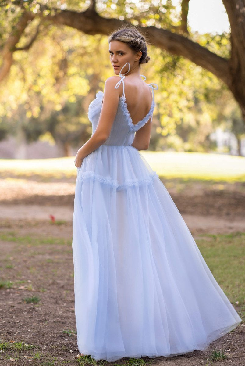 A-line Ocean Wave Tie-straps tulle long prom dress