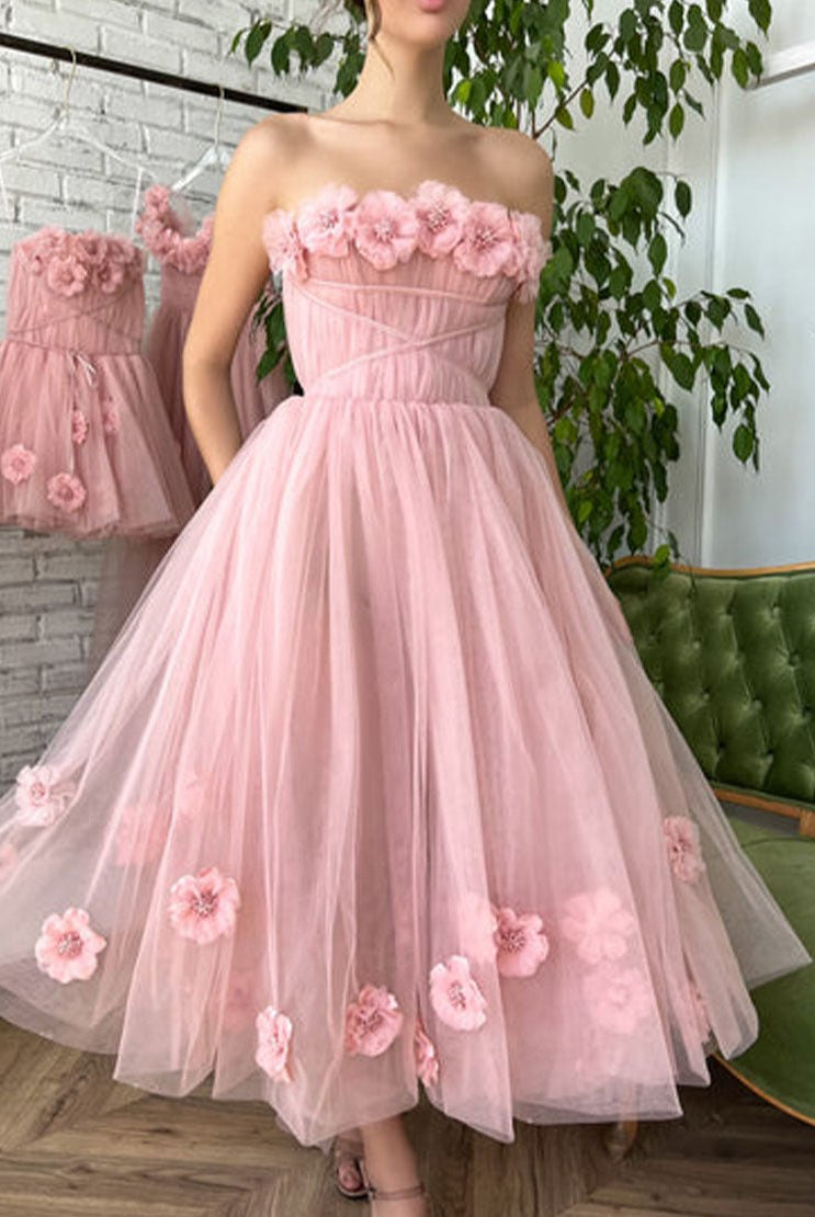 Pandora |Princess Strapless Light Pink Prom Dress with Flowers
