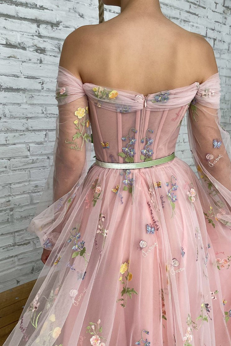 Dorothea |A-line Light Pink Embroidery Off the Shoulder Prom Dress