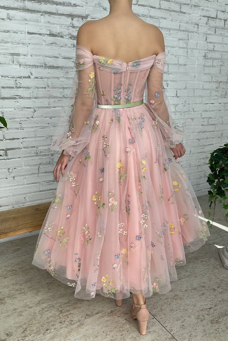 Dorothea |A-line Light Pink Embroidery Off the Shoulder Prom Dress