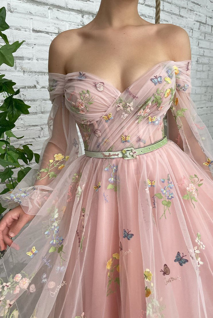 Dorothea |A-line Light Pink Embroidery Off the Shoulder Prom Dress