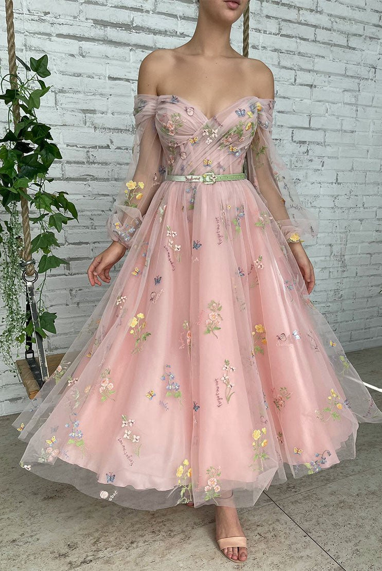 Dorothea |A-line Light Pink Embroidery Off the Shoulder Prom Dress