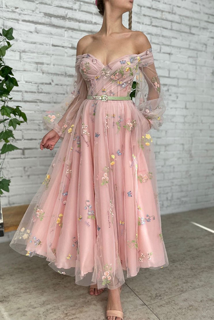 Dorothea |A-line Light Pink Embroidery Off the Shoulder Prom Dress