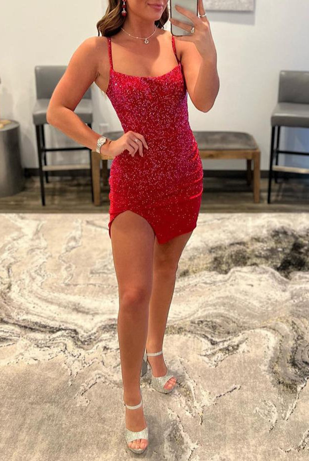 Kerstin |Sheath Beaded Satin Homecoming Dress with Slit