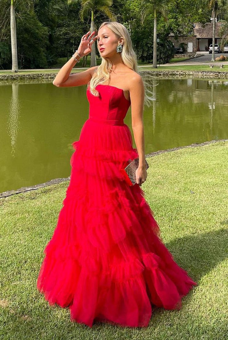 Matilda |A-Line Strapless Ruffled Tulle Prom Dress