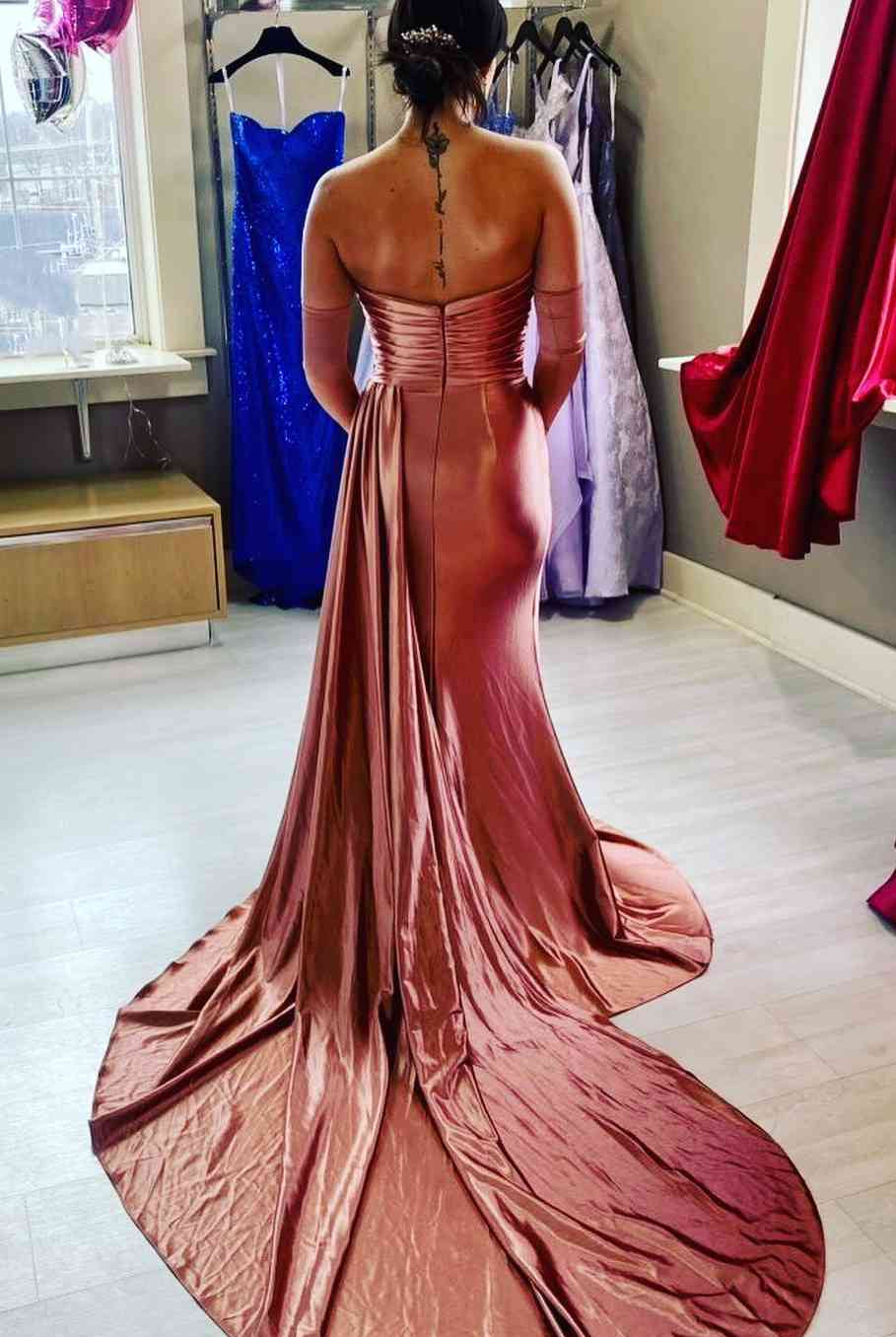 Fuchsia Strapless Mermaid Satin Pleated Long Prom Dress - KissProm