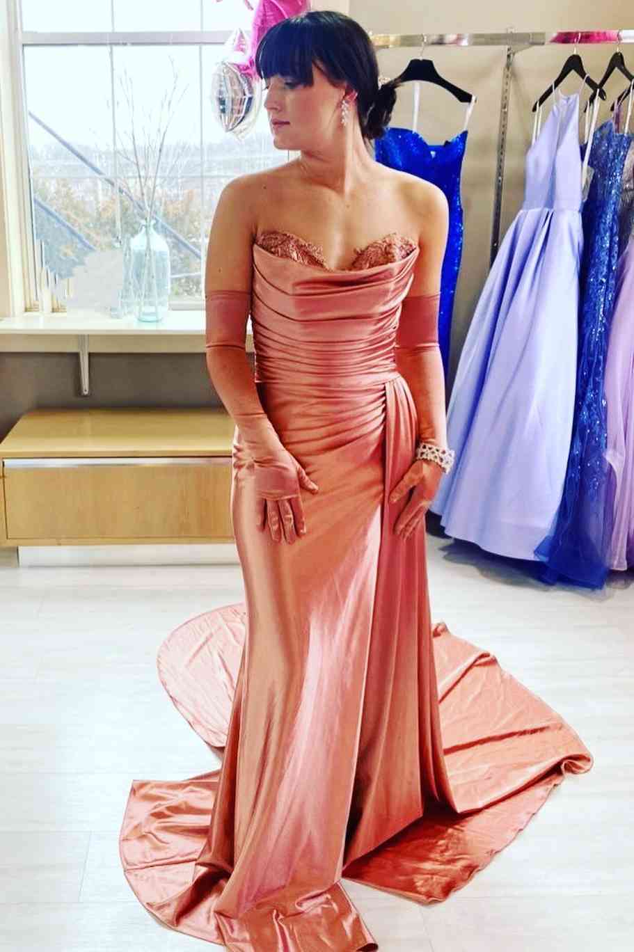 Fuchsia Strapless Mermaid Satin Pleated Long Prom Dress - KissProm