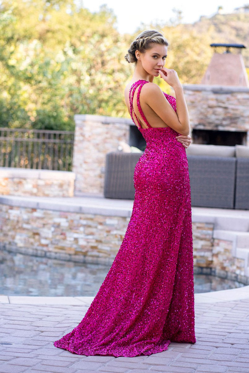 Fuchsia Mermaid One Shoulder Sequin Long Prom Dress with Slit