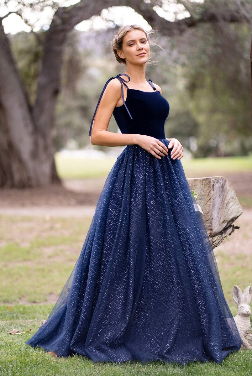 Spagatti Straps Velvet Tulle Floor Length Prom Dress