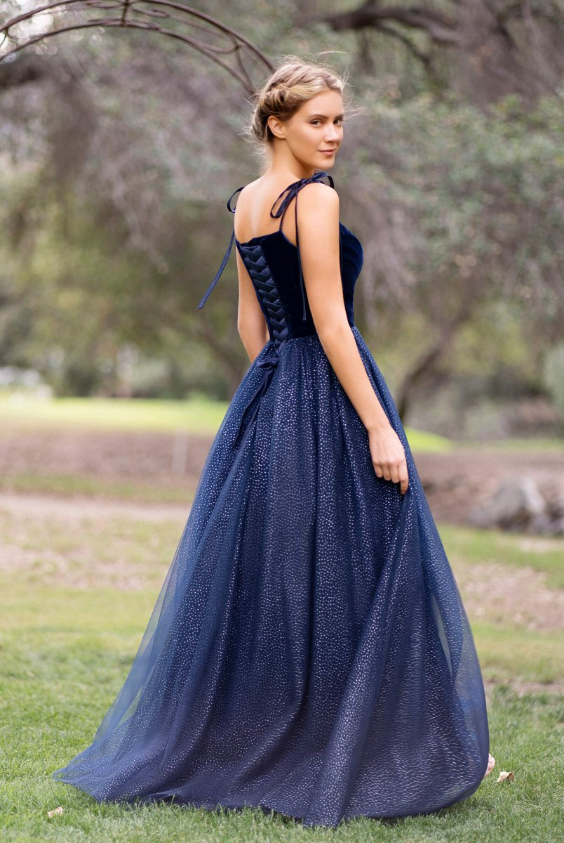 Spagatti Straps Velvet Tulle Floor Length Prom Dress