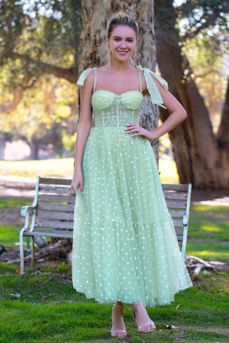 Corset Bow Straps Tulle Glitter Hearts Ankle Length Prom Dress