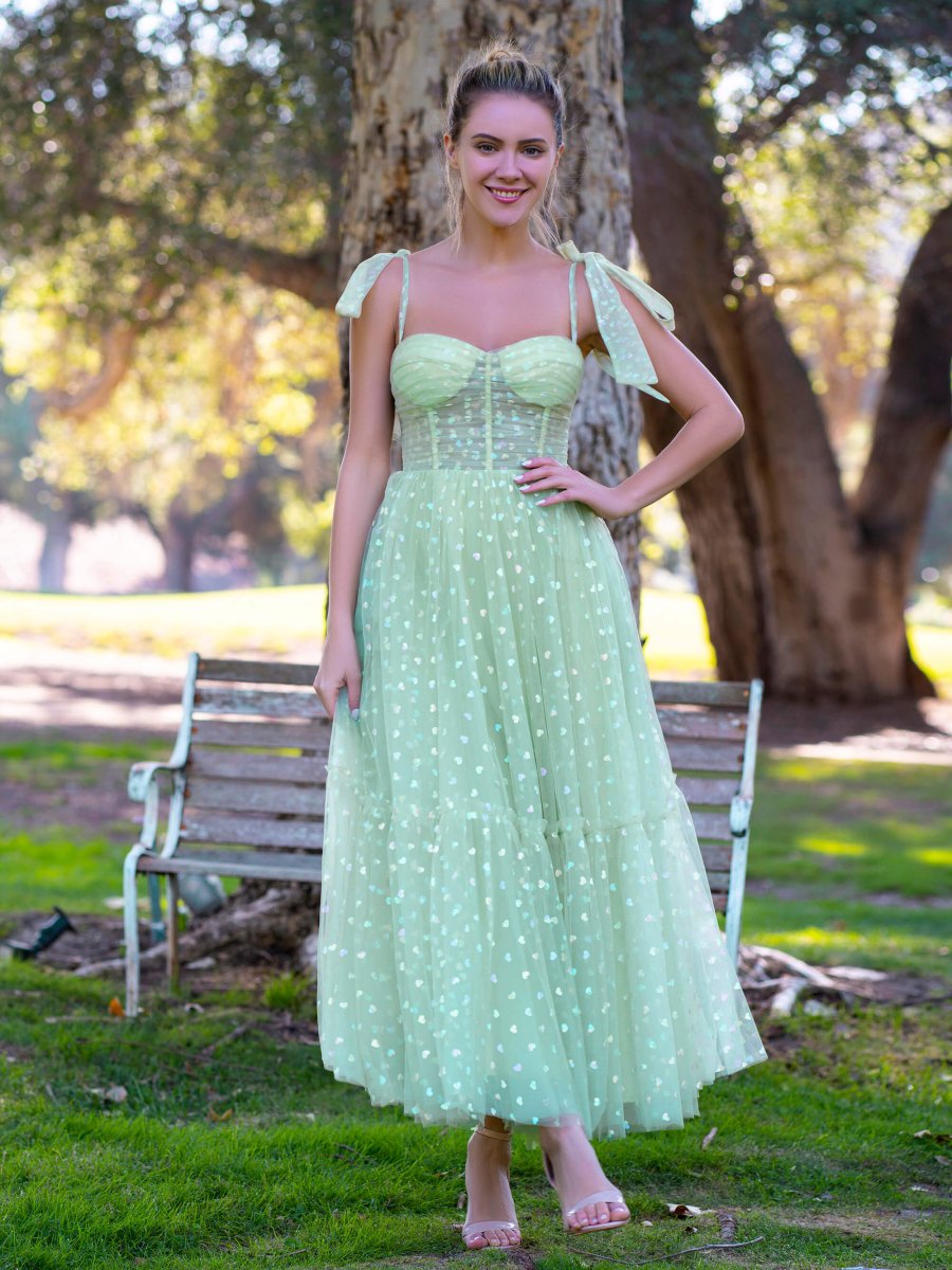 Corset Bow Straps Tulle Glitter Hearts Ankle Length Prom Dress KissProm