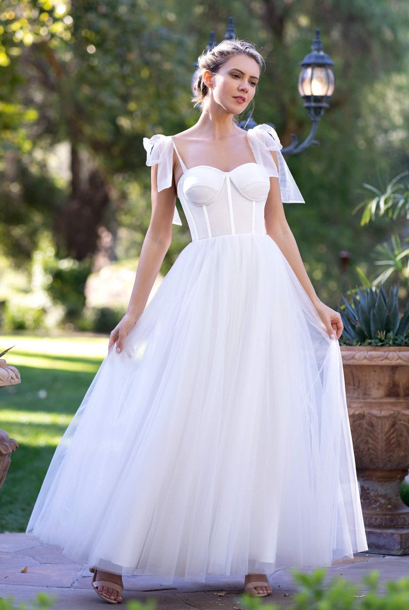 Corset Tulle Bow Spaghetti Straps Floor Length Prom Dress