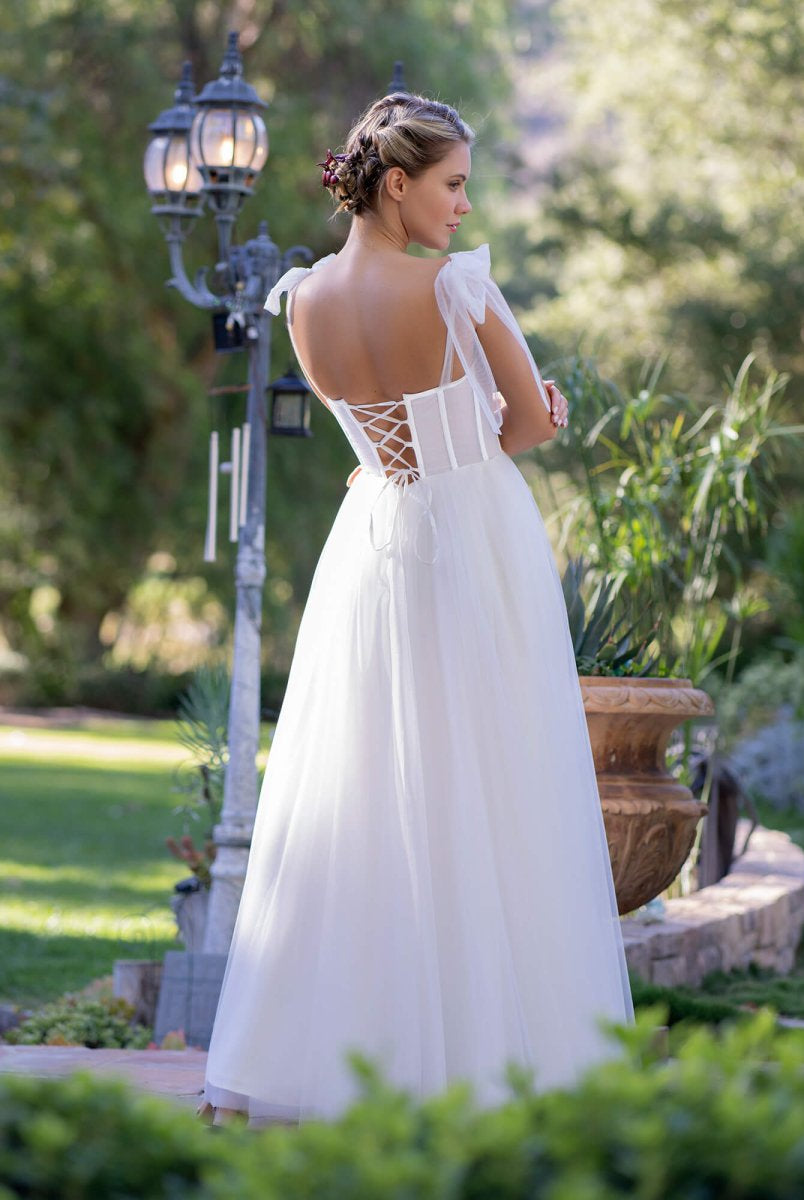 Corset Tulle Bow Spaghetti Straps Floor Length Prom Dress