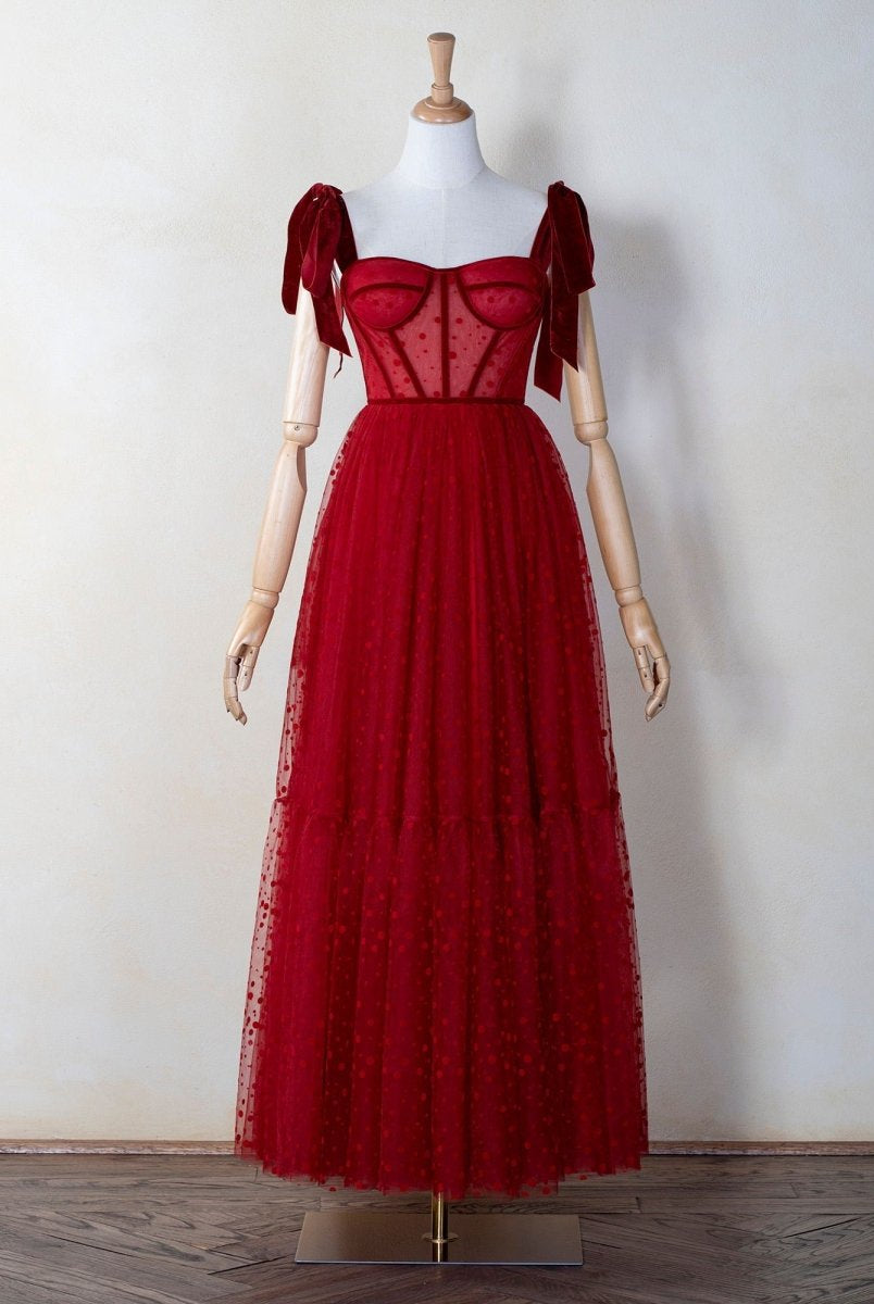 Corset Dotted Tulle Maxi Length Prom Dress